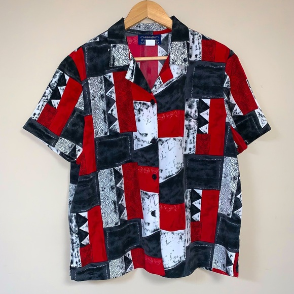 🆕 Vintage 80s 90s Geometric Retro Button Down Women’s XL Short Sleeve Red Black - Picture 1 of 8
